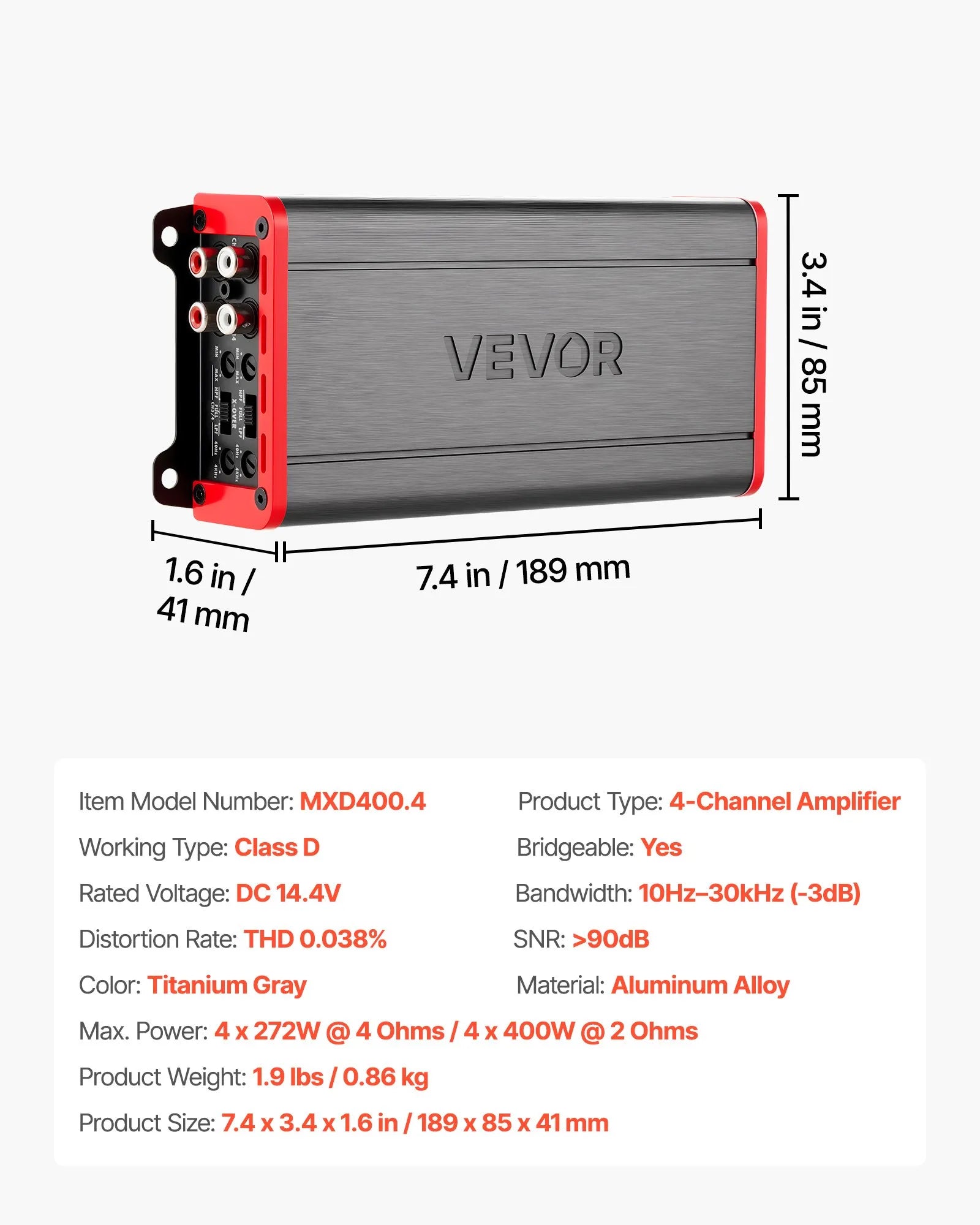 VEVOR automašīnas audio pastiprinātājs, 4 kanālu tiltojams auto pastiprinātājs, daudzkanālu Class D stereo pastiprinātājs ar maksimālo jaudu 4 × 272 W pie 4 Ω / 4 × 400 W pie 2 Ω, augstas jaudas pastiprinātājs SUV, pikapiem un bezceļu transportlīdzekļiem