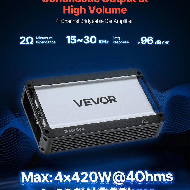 VEVOR 4 kanālu automašīnas audio pastiprinātājs, tiltojams daudzkanālu Class D stereo pastiprinātājs ar maksimālo jaudu 4 × 420 W pie 4 Ω / 4 × 600 W pie 2 Ω, augstas jaudas auto pastiprinātājs SUV, pikapiem un bezceļu transportlīdzekļiem
