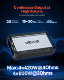 VEVOR 4 kanālu automašīnas audio pastiprinātājs, tiltojams daudzkanālu Class D stereo pastiprinātājs ar maksimālo jaudu 4 × 420 W pie 4 Ω / 4 × 600 W pie 2 Ω, augstas jaudas auto pastiprinātājs SUV, pikapiem un bezceļu transportlīdzekļiem