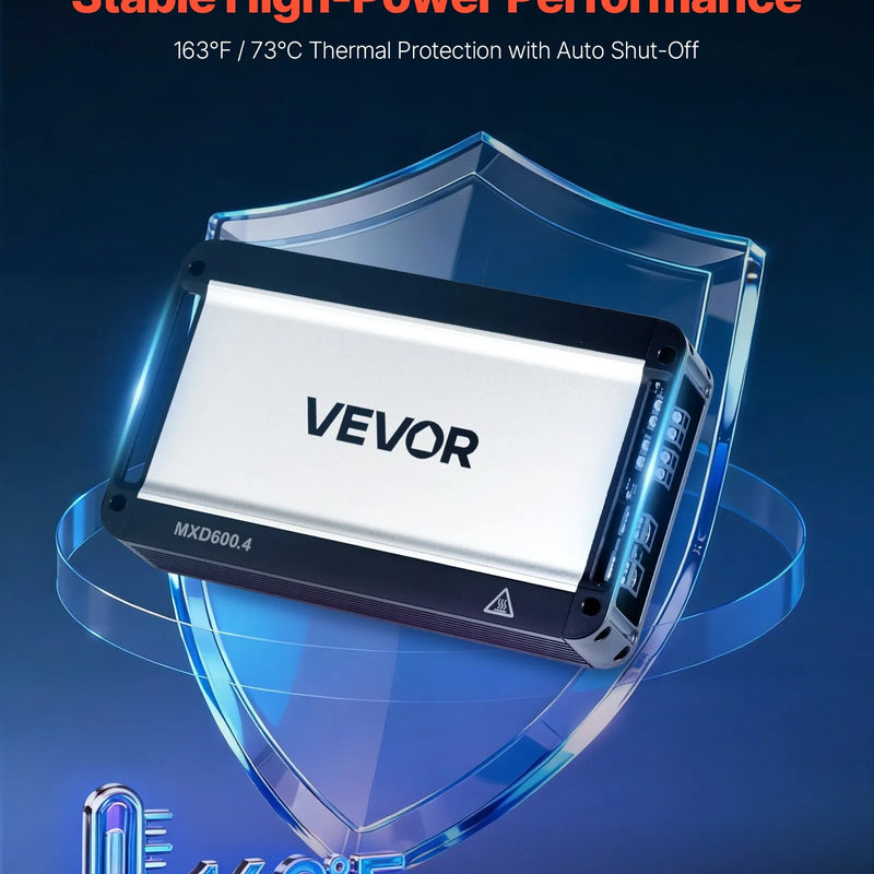 VEVOR 4 kanālu automašīnas audio pastiprinātājs, tiltojams daudzkanālu Class D stereo pastiprinātājs ar maksimālo jaudu 4 × 420 W pie 4 Ω / 4 × 600 W pie 2 Ω, augstas jaudas auto pastiprinātājs SUV, pikapiem un bezceļu transportlīdzekļiem