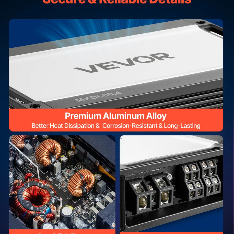 VEVOR 4 kanālu automašīnas audio pastiprinātājs, tiltojams daudzkanālu Class D stereo pastiprinātājs ar maksimālo jaudu 4 × 420 W pie 4 Ω / 4 × 600 W pie 2 Ω, augstas jaudas auto pastiprinātājs SUV, pikapiem un bezceļu transportlīdzekļiem