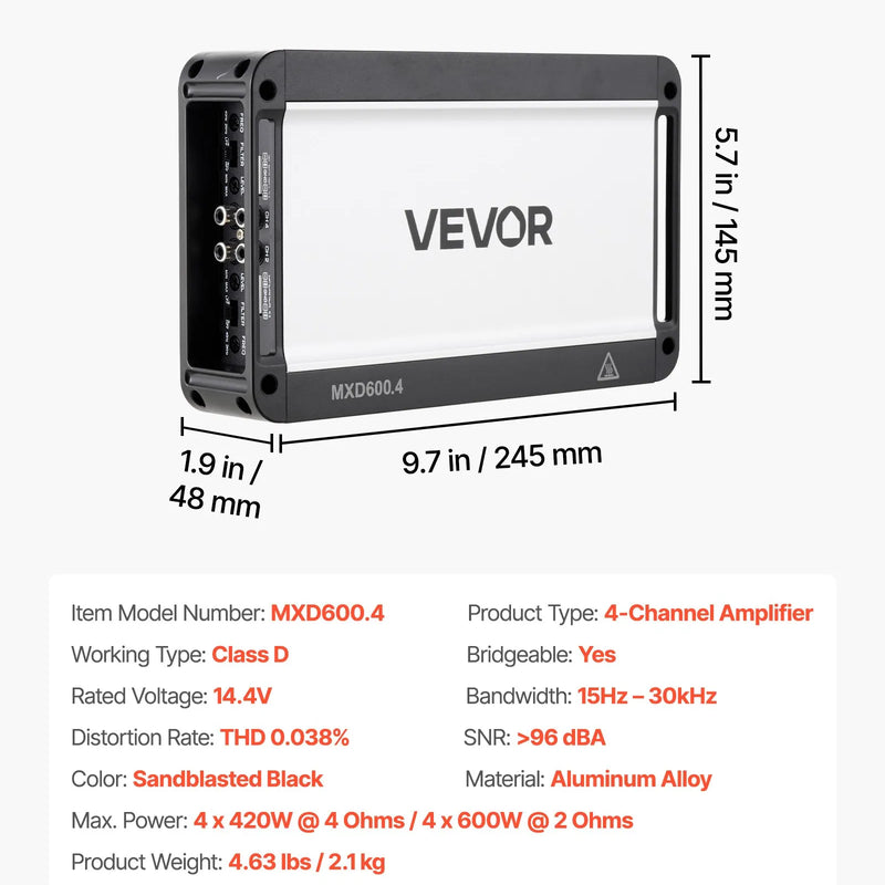 VEVOR 4 kanālu automašīnas audio pastiprinātājs, tiltojams daudzkanālu Class D stereo pastiprinātājs ar maksimālo jaudu 4 × 420 W pie 4 Ω / 4 × 600 W pie 2 Ω, augstas jaudas auto pastiprinātājs SUV, pikapiem un bezceļu transportlīdzekļiem