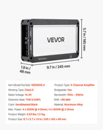 VEVOR 4 kanālu automašīnas audio pastiprinātājs, tiltojams daudzkanālu Class D stereo pastiprinātājs ar maksimālo jaudu 4 × 420 W pie 4 Ω / 4 × 600 W pie 2 Ω, augstas jaudas auto pastiprinātājs SUV, pikapiem un bezceļu transportlīdzekļiem