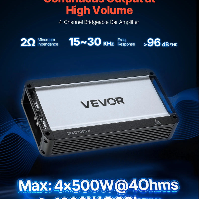 VEVOR automašīnas audio pastiprinātājs, 4 kanālu tiltojams auto pastiprinātājs, daudzkanālu Class D stereo pastiprinātājs ar maksimālo jaudu 4 × 500 W pie 4 Ω / 4 × 1000 W pie 2 Ω, augstas jaudas pastiprinātājs SUV, pikapiem un bezceļu transportlīdzekļiem