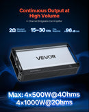 VEVOR automašīnas audio pastiprinātājs, 4 kanālu tiltojams auto pastiprinātājs, daudzkanālu Class D stereo pastiprinātājs ar maksimālo jaudu 4 × 500 W pie 4 Ω / 4 × 1000 W pie 2 Ω, augstas jaudas pastiprinātājs SUV, pikapiem un bezceļu transportlīdzekļiem