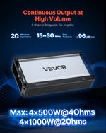 VEVOR automašīnas audio pastiprinātājs, 4 kanālu tiltojams auto pastiprinātājs, daudzkanālu Class D stereo pastiprinātājs ar maksimālo jaudu 4 × 500 W pie 4 Ω / 4 × 1000 W pie 2 Ω, augstas jaudas pastiprinātājs SUV, pikapiem un bezceļu transportlīdzekļiem