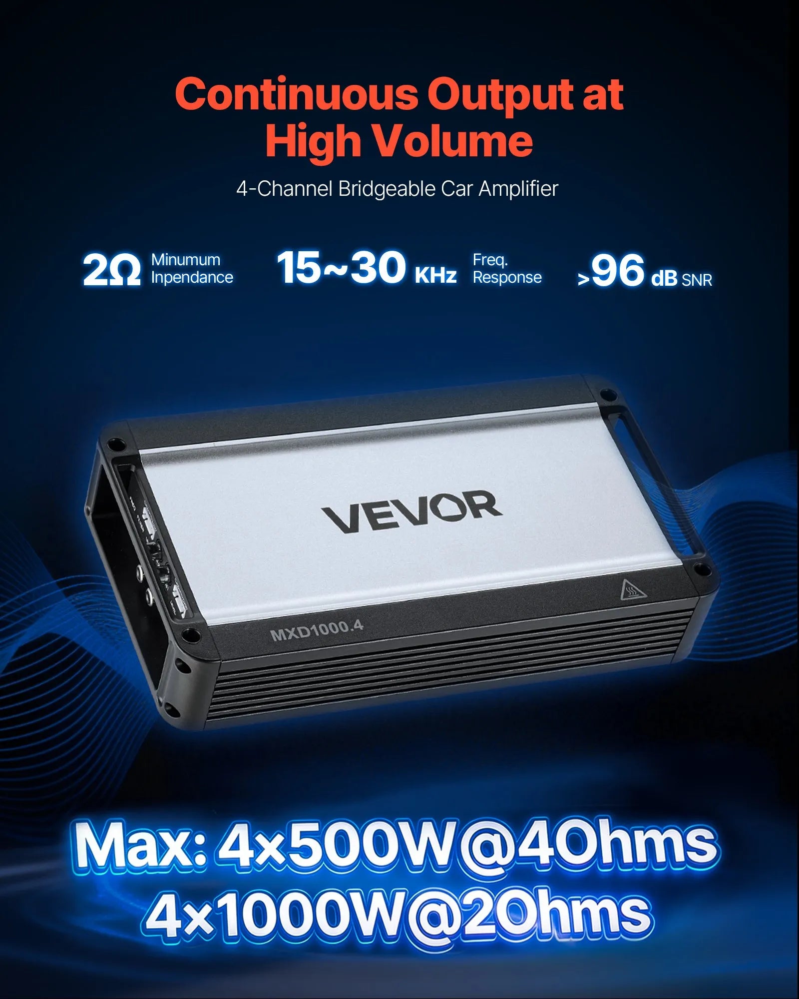 VEVOR automašīnas audio pastiprinātājs, 4 kanālu tiltojams auto pastiprinātājs, daudzkanālu Class D stereo pastiprinātājs ar maksimālo jaudu 4 × 500 W pie 4 Ω / 4 × 1000 W pie 2 Ω, augstas jaudas pastiprinātājs SUV, pikapiem un bezceļu transportlīdzekļiem