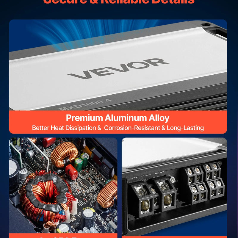 VEVOR automašīnas audio pastiprinātājs, 4 kanālu tiltojams auto pastiprinātājs, daudzkanālu Class D stereo pastiprinātājs ar maksimālo jaudu 4 × 500 W pie 4 Ω / 4 × 1000 W pie 2 Ω, augstas jaudas pastiprinātājs SUV, pikapiem un bezceļu transportlīdzekļiem