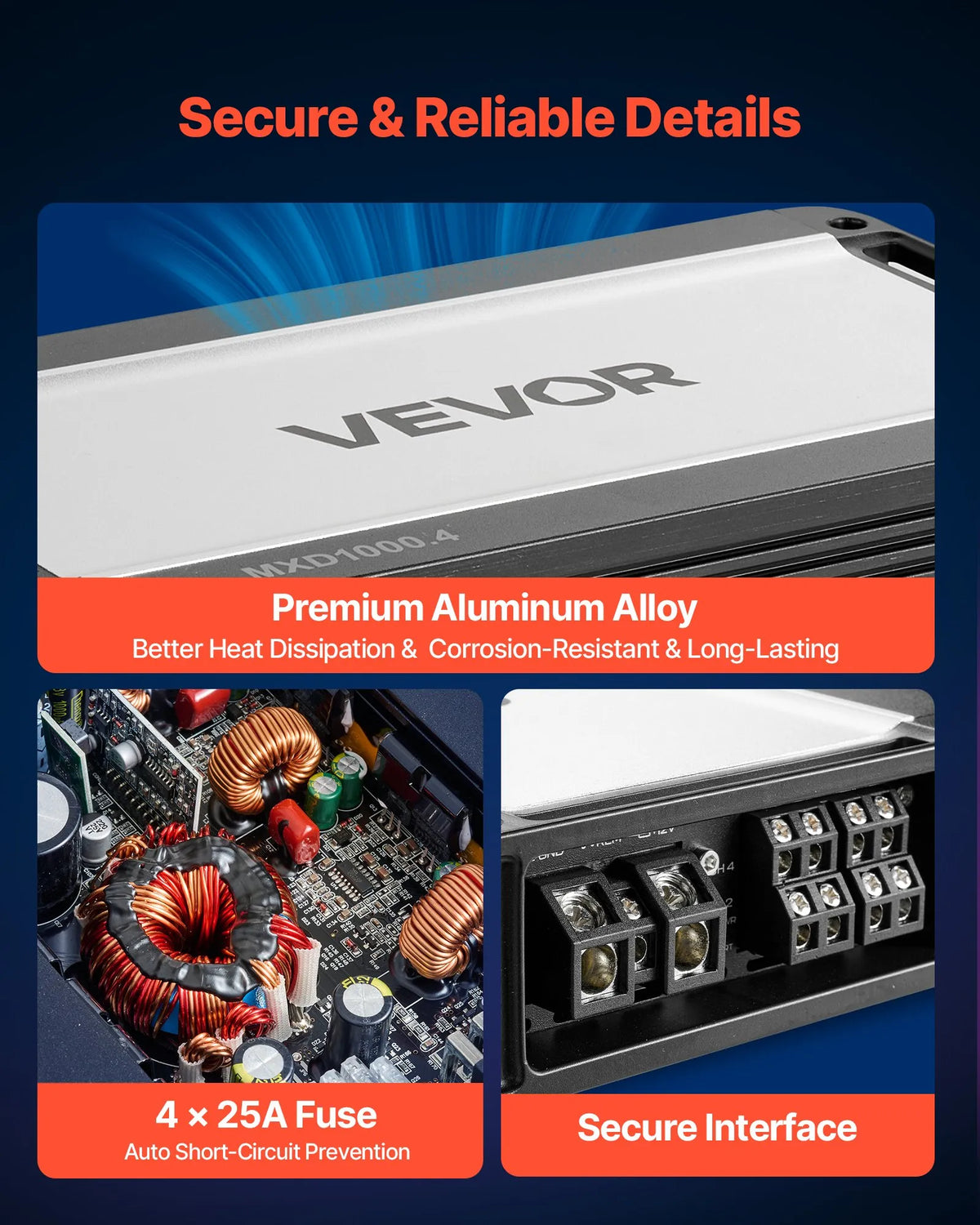 VEVOR automašīnas audio pastiprinātājs, 4 kanālu tiltojams auto pastiprinātājs, daudzkanālu Class D stereo pastiprinātājs ar maksimālo jaudu 4 × 500 W pie 4 Ω / 4 × 1000 W pie 2 Ω, augstas jaudas pastiprinātājs SUV, pikapiem un bezceļu transportlīdzekļiem