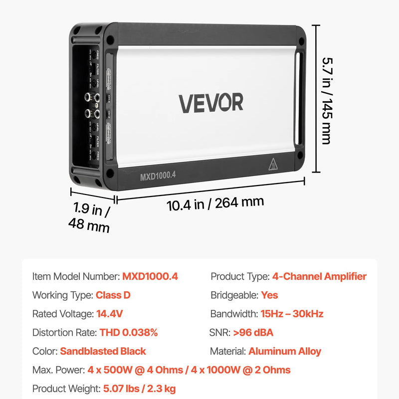 VEVOR automašīnas audio pastiprinātājs, 4 kanālu tiltojams auto pastiprinātājs, daudzkanālu Class D stereo pastiprinātājs ar maksimālo jaudu 4 × 500 W pie 4 Ω / 4 × 1000 W pie 2 Ω, augstas jaudas pastiprinātājs SUV, pikapiem un bezceļu transportlīdzekļiem