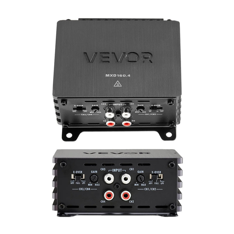 VEVOR automašīnas audio pastiprinātājs, 4 kanālu tiltojams auto pastiprinātājs, daudzkanālu Class D stereo pastiprinātājs ar maksimālo jaudu 4 × 110 W pie 4 Ω / 4 × 160 W pie 2 Ω, augstas jaudas pastiprinātājs SUV, pikapiem un bezceļu transportlīdzekļiem