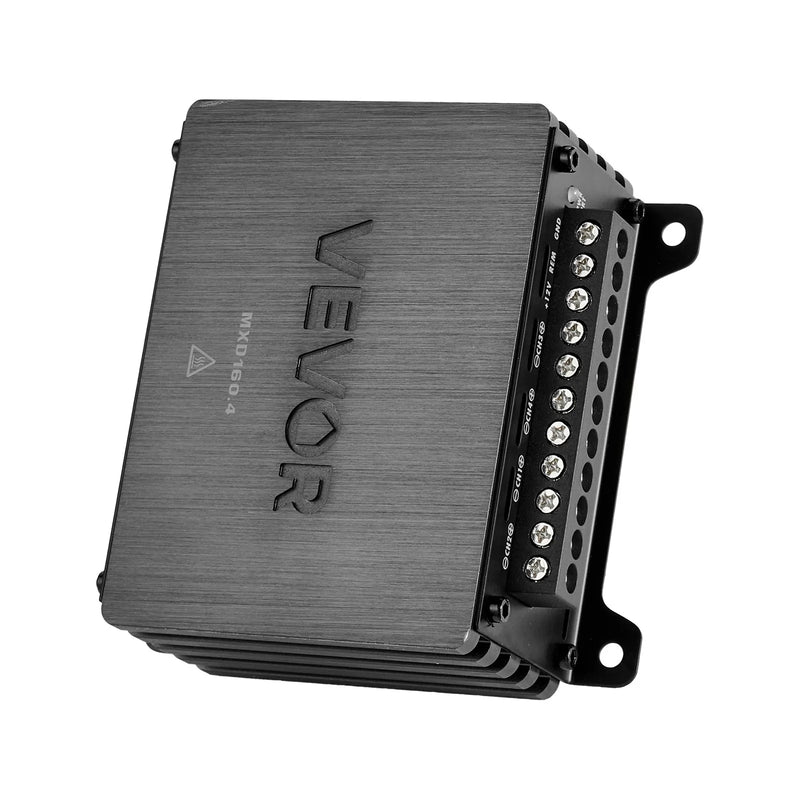 VEVOR automašīnas audio pastiprinātājs, 4 kanālu tiltojams auto pastiprinātājs, daudzkanālu Class D stereo pastiprinātājs ar maksimālo jaudu 4 × 110 W pie 4 Ω / 4 × 160 W pie 2 Ω, augstas jaudas pastiprinātājs SUV, pikapiem un bezceļu transportlīdzekļiem