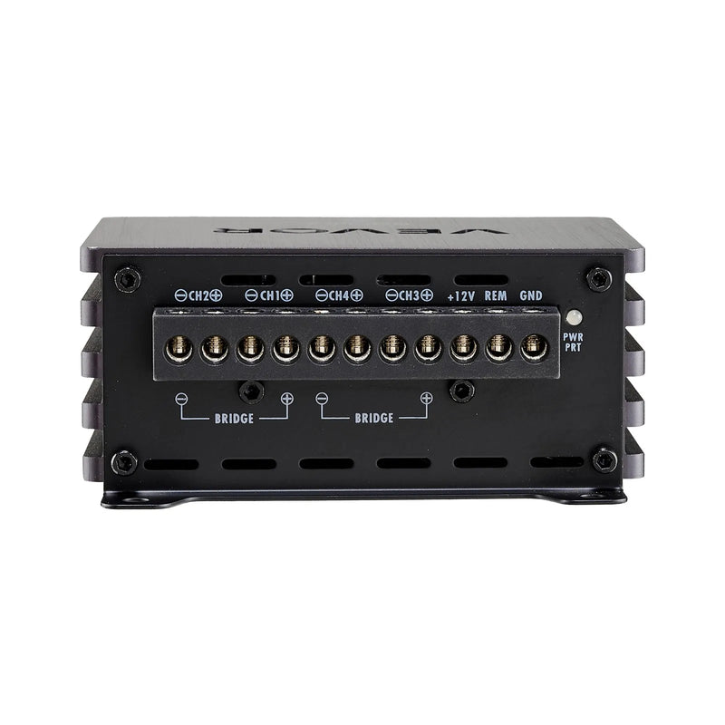 VEVOR automašīnas audio pastiprinātājs, 4 kanālu tiltojams auto pastiprinātājs, daudzkanālu Class D stereo pastiprinātājs ar maksimālo jaudu 4 × 110 W pie 4 Ω / 4 × 160 W pie 2 Ω, augstas jaudas pastiprinātājs SUV, pikapiem un bezceļu transportlīdzekļiem