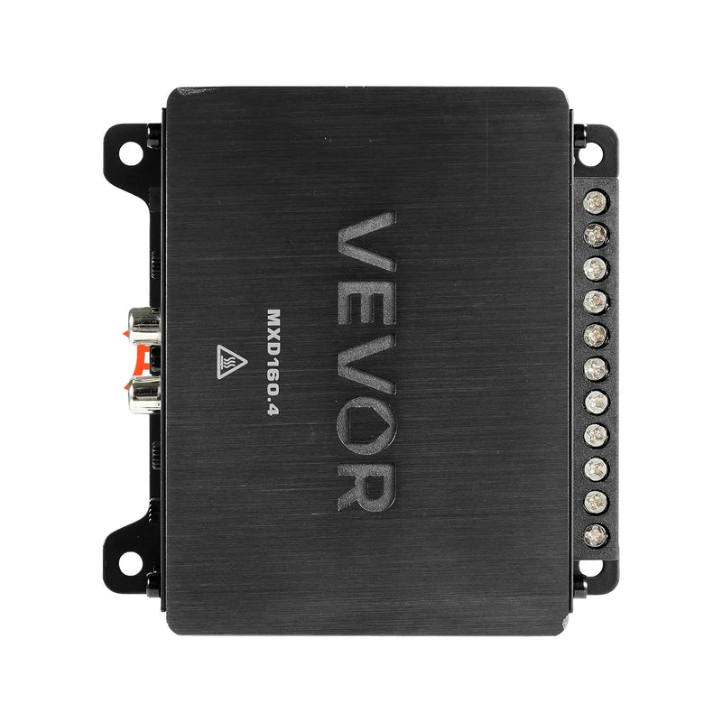 VEVOR automašīnas audio pastiprinātājs, 4 kanālu tiltojams auto pastiprinātājs, daudzkanālu Class D stereo pastiprinātājs ar maksimālo jaudu 4 × 110 W pie 4 Ω / 4 × 160 W pie 2 Ω, augstas jaudas pastiprinātājs SUV, pikapiem un bezceļu transportlīdzekļiem