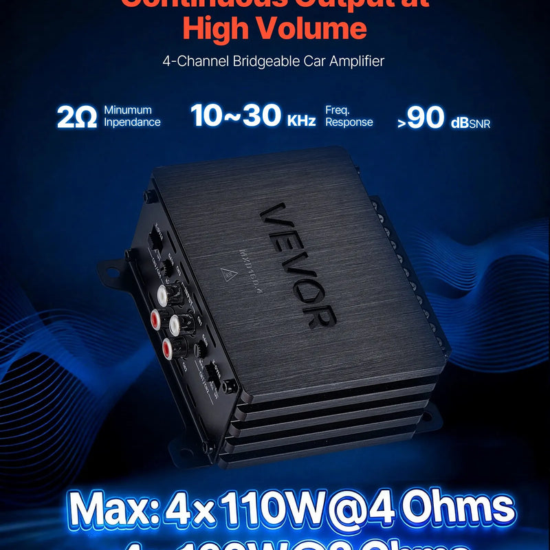 VEVOR automašīnas audio pastiprinātājs, 4 kanālu tiltojams auto pastiprinātājs, daudzkanālu Class D stereo pastiprinātājs ar maksimālo jaudu 4 × 110 W pie 4 Ω / 4 × 160 W pie 2 Ω, augstas jaudas pastiprinātājs SUV, pikapiem un bezceļu transportlīdzekļiem