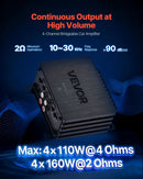 VEVOR automašīnas audio pastiprinātājs, 4 kanālu tiltojams auto pastiprinātājs, daudzkanālu Class D stereo pastiprinātājs ar maksimālo jaudu 4 × 110 W pie 4 Ω / 4 × 160 W pie 2 Ω, augstas jaudas pastiprinātājs SUV, pikapiem un bezceļu transportlīdzekļiem
