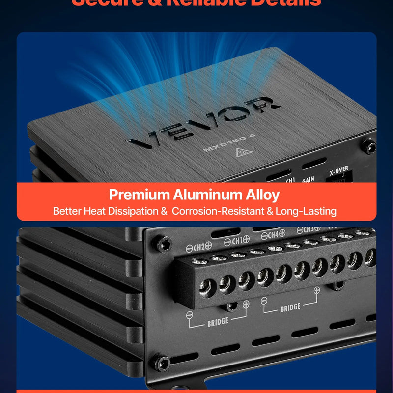 VEVOR automašīnas audio pastiprinātājs, 4 kanālu tiltojams auto pastiprinātājs, daudzkanālu Class D stereo pastiprinātājs ar maksimālo jaudu 4 × 110 W pie 4 Ω / 4 × 160 W pie 2 Ω, augstas jaudas pastiprinātājs SUV, pikapiem un bezceļu transportlīdzekļiem