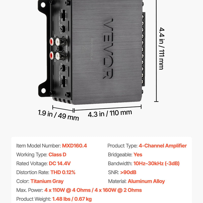 VEVOR automašīnas audio pastiprinātājs, 4 kanālu tiltojams auto pastiprinātājs, daudzkanālu Class D stereo pastiprinātājs ar maksimālo jaudu 4 × 110 W pie 4 Ω / 4 × 160 W pie 2 Ω, augstas jaudas pastiprinātājs SUV, pikapiem un bezceļu transportlīdzekļiem