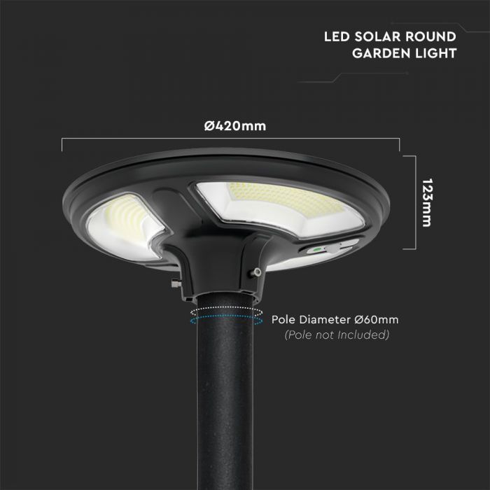 10W (1500 lm) LED solar light, round, with RF sensor, IP65, V-TAC, LiFePO4 3.2V 32650, 25Ah, neutral white light 4000K, stand not included.