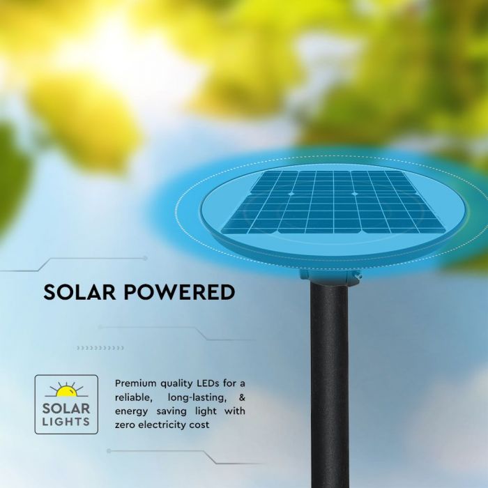 10W (1500 lm) LED solar light, round, with RF sensor, IP65, V-TAC, LiFePO4 3.2V 32650, 25Ah, neutral white light 4000K, stand not included.
