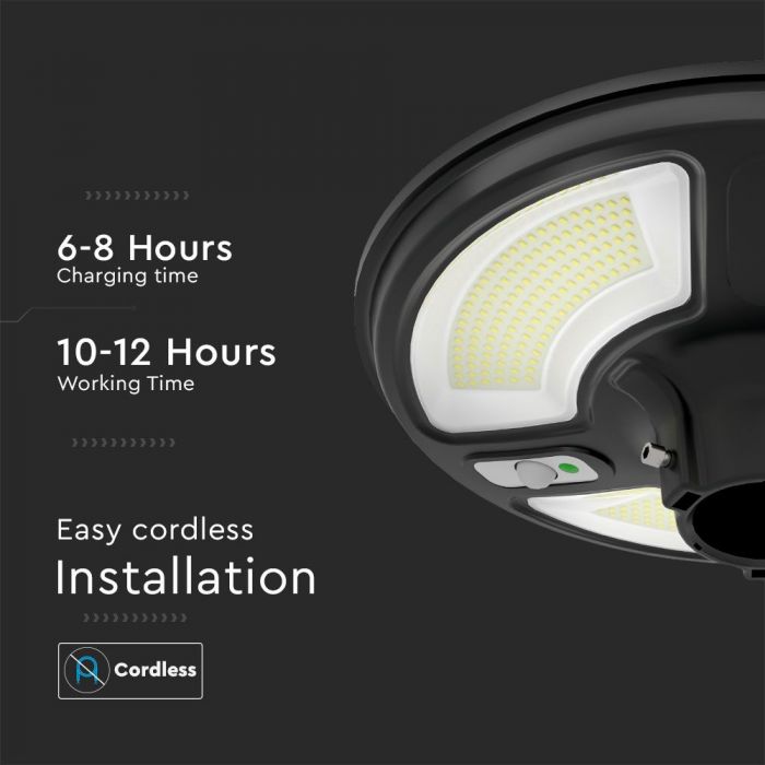 10W (1500 lm) LED solar light, round, with RF sensor, IP65, V-TAC, LiFePO4 3.2V 32650, 25Ah, neutral white light 4000K, stand not included.