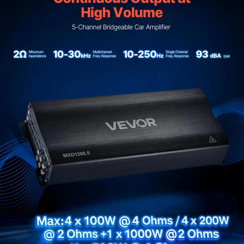 VEVOR 5 kanālu automašīnas audio pastiprinātājs, tiltojams daudzkanālu Class D stereo pastiprinātājs ar maksimālo jaudu 4 × 100 W pie 4 Ω / 4 × 200 W pie 2 Ω + 1 × 1000 W pie 2 Ω / 1 × 500 W pie 4 Ω, auto pastiprinātājs transportlīdzekļiem