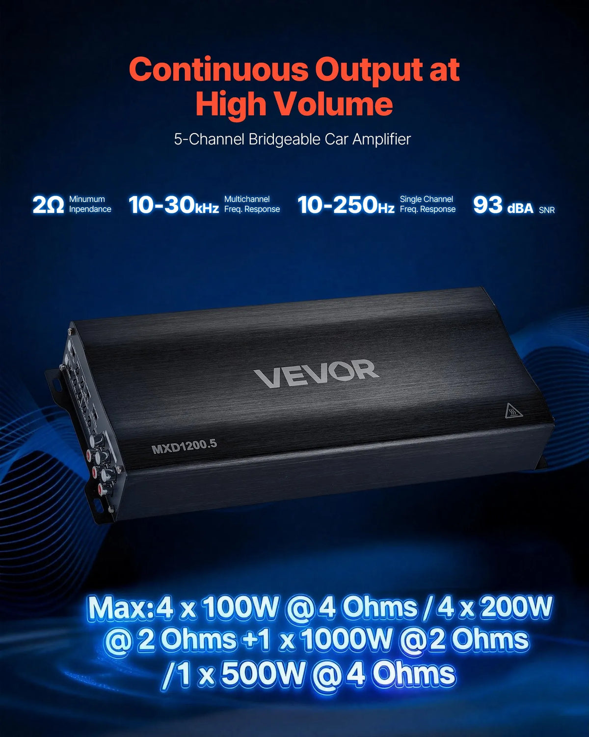 VEVOR 5 kanālu automašīnas audio pastiprinātājs, tiltojams daudzkanālu Class D stereo pastiprinātājs ar maksimālo jaudu 4 × 100 W pie 4 Ω / 4 × 200 W pie 2 Ω + 1 × 1000 W pie 2 Ω / 1 × 500 W pie 4 Ω, auto pastiprinātājs transportlīdzekļiem