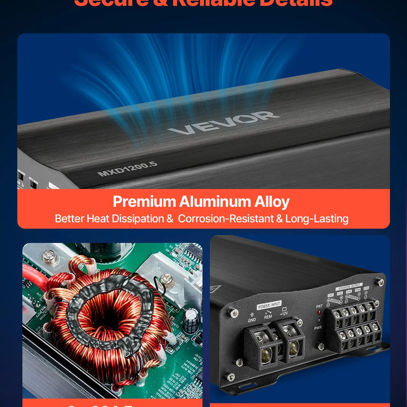 VEVOR 5 kanālu automašīnas audio pastiprinātājs, tiltojams daudzkanālu Class D stereo pastiprinātājs ar maksimālo jaudu 4 × 100 W pie 4 Ω / 4 × 200 W pie 2 Ω + 1 × 1000 W pie 2 Ω / 1 × 500 W pie 4 Ω, auto pastiprinātājs transportlīdzekļiem