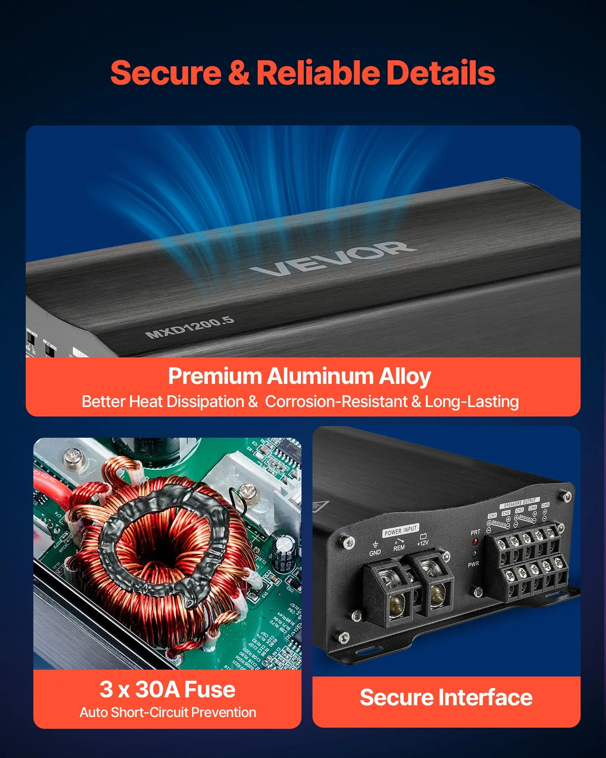 VEVOR 5 kanālu automašīnas audio pastiprinātājs, tiltojams daudzkanālu Class D stereo pastiprinātājs ar maksimālo jaudu 4 × 100 W pie 4 Ω / 4 × 200 W pie 2 Ω + 1 × 1000 W pie 2 Ω / 1 × 500 W pie 4 Ω, auto pastiprinātājs transportlīdzekļiem