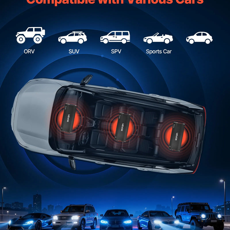 VEVOR 5 kanālu automašīnas audio pastiprinātājs, tiltojams daudzkanālu Class D stereo pastiprinātājs ar maksimālo jaudu 4 × 100 W pie 4 Ω / 4 × 200 W pie 2 Ω + 1 × 1000 W pie 2 Ω / 1 × 500 W pie 4 Ω, auto pastiprinātājs transportlīdzekļiem