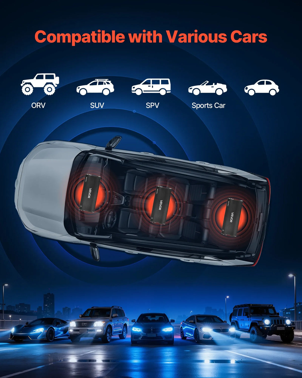 VEVOR 5 kanālu automašīnas audio pastiprinātājs, tiltojams daudzkanālu Class D stereo pastiprinātājs ar maksimālo jaudu 4 × 100 W pie 4 Ω / 4 × 200 W pie 2 Ω + 1 × 1000 W pie 2 Ω / 1 × 500 W pie 4 Ω, auto pastiprinātājs transportlīdzekļiem