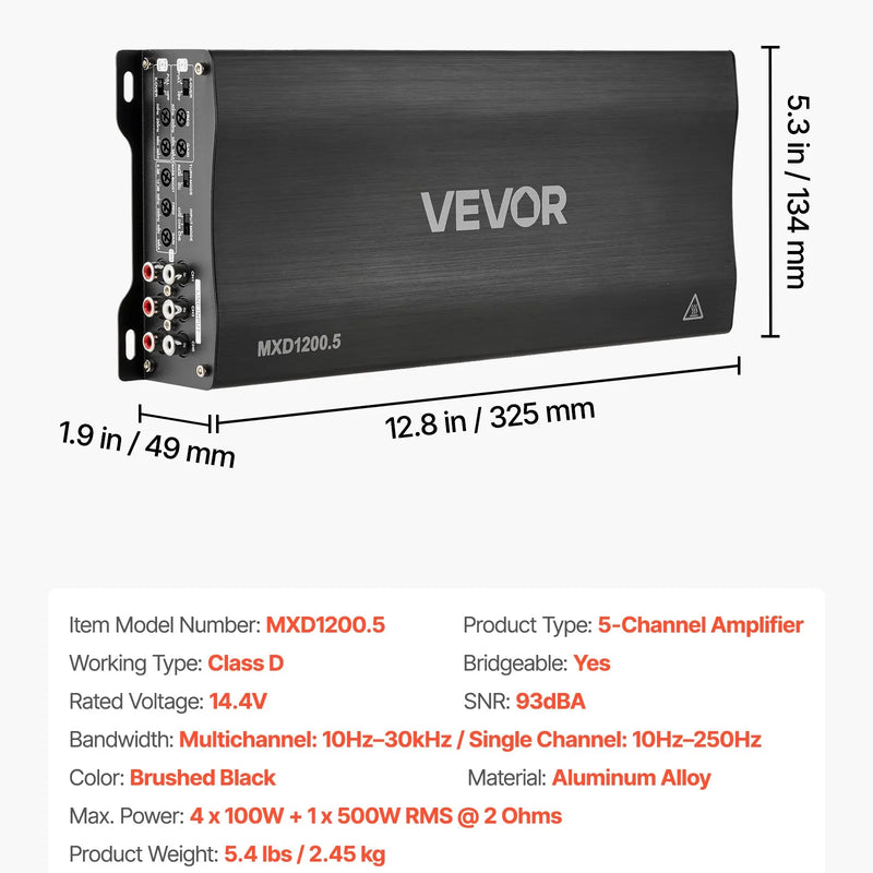 VEVOR 5 kanālu automašīnas audio pastiprinātājs, tiltojams daudzkanālu Class D stereo pastiprinātājs ar maksimālo jaudu 4 × 100 W pie 4 Ω / 4 × 200 W pie 2 Ω + 1 × 1000 W pie 2 Ω / 1 × 500 W pie 4 Ω, auto pastiprinātājs transportlīdzekļiem