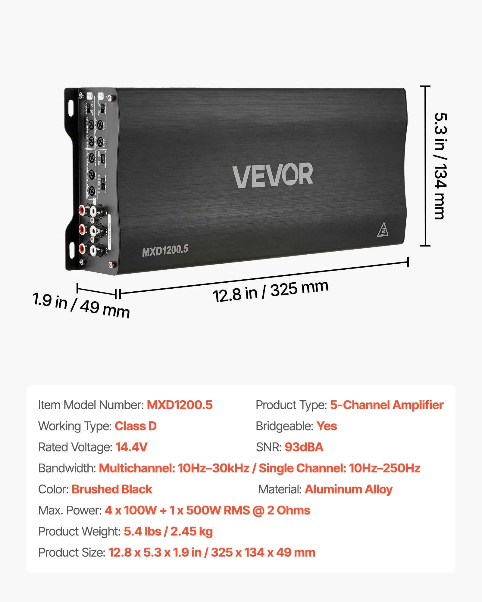 VEVOR 5 kanālu automašīnas audio pastiprinātājs, tiltojams daudzkanālu Class D stereo pastiprinātājs ar maksimālo jaudu 4 × 100 W pie 4 Ω / 4 × 200 W pie 2 Ω + 1 × 1000 W pie 2 Ω / 1 × 500 W pie 4 Ω, auto pastiprinātājs transportlīdzekļiem