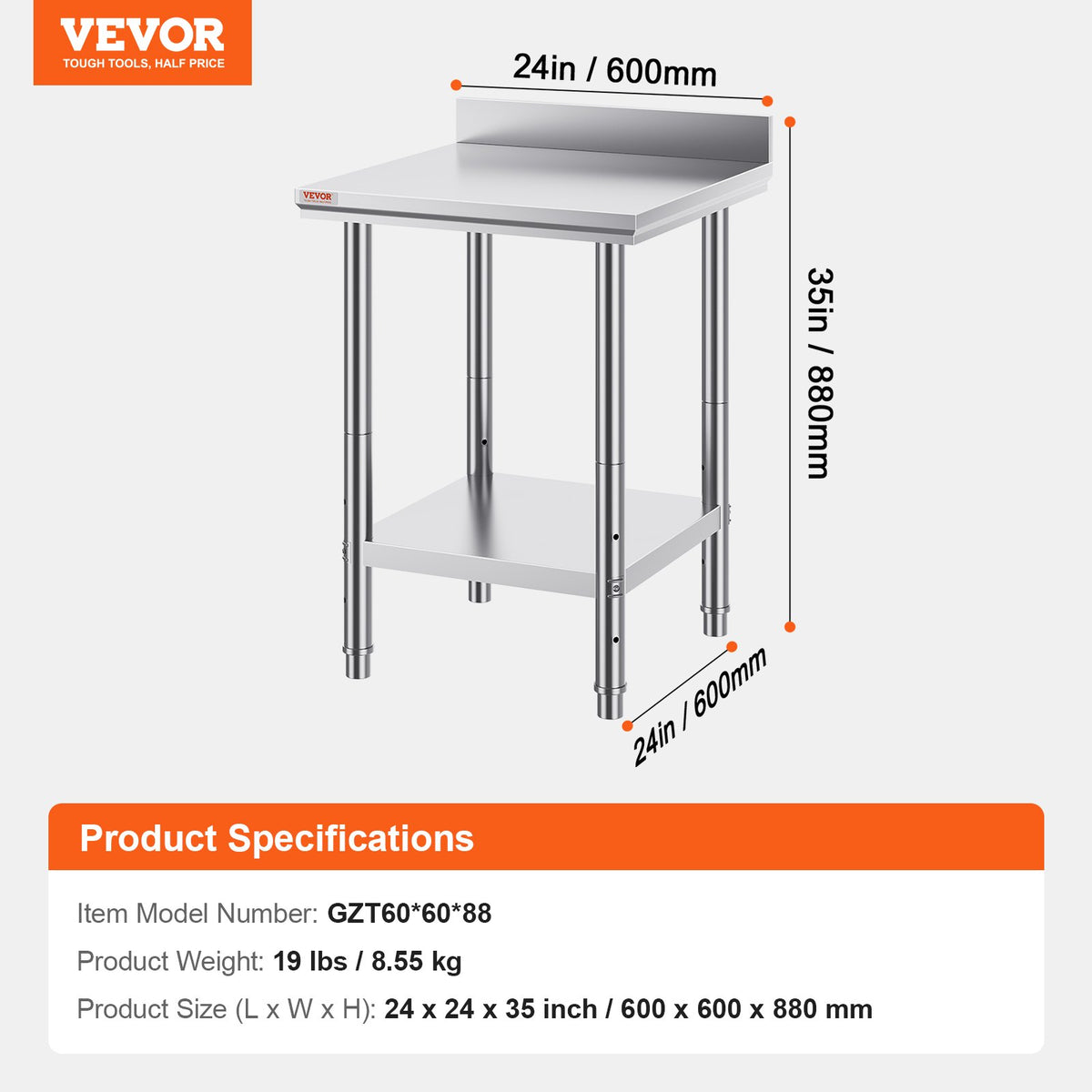 VEVOR NSF nerūsējošā tērauda darba galds 60 x 60 x 88 cm ar apakšējo plauktu komerciālai virtuvei