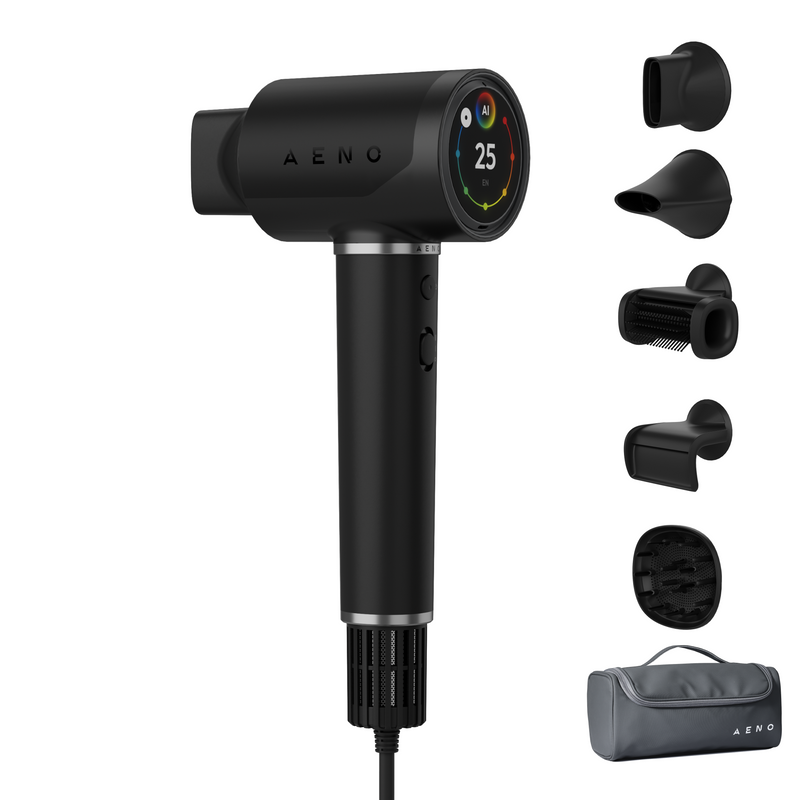 Ātrgaitas matu žāvētājs, melns, 220V-240V ~ 50-60Hz, 1500W, Balss vadība, Jonizators, Touch LCD, Infrasarkanā barošana, Infrasarkanā attāluma aizsardzība, AI vadība, Gravitācijas sensors 110000RPM, Troksnis mazāks par 67dB