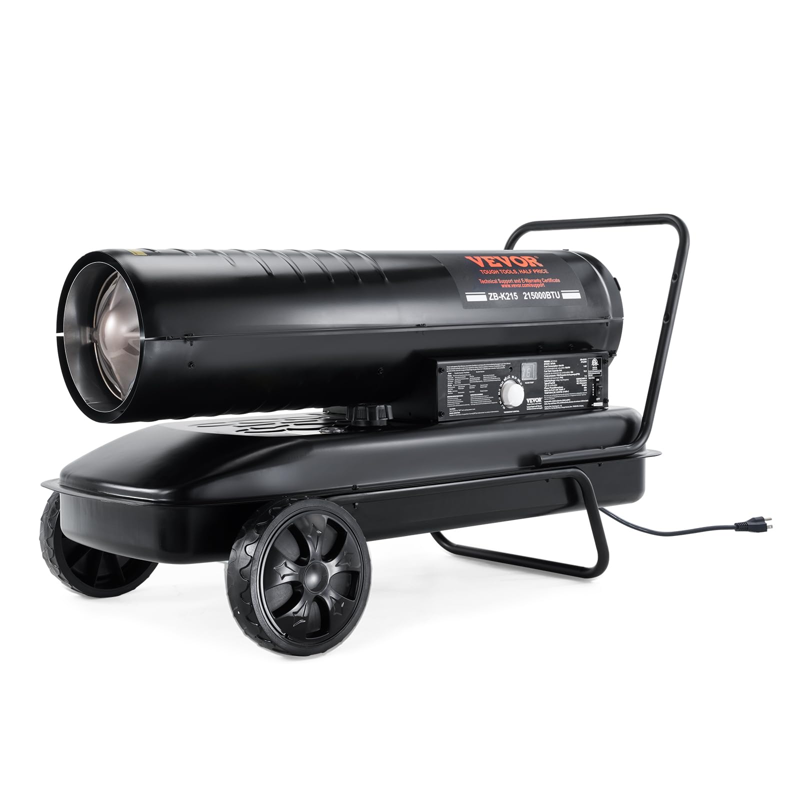 220V VEVOR Dīzeļa Torpēdas Tipa Sildītājs, 215000 BTU, Pārnēsājams ar Termostata Vadību, 50 L Tvertne, Efektīvs Iekštelpās un Ārtelpās, Darbnīcām un Rūpnieciskām Vidēm
