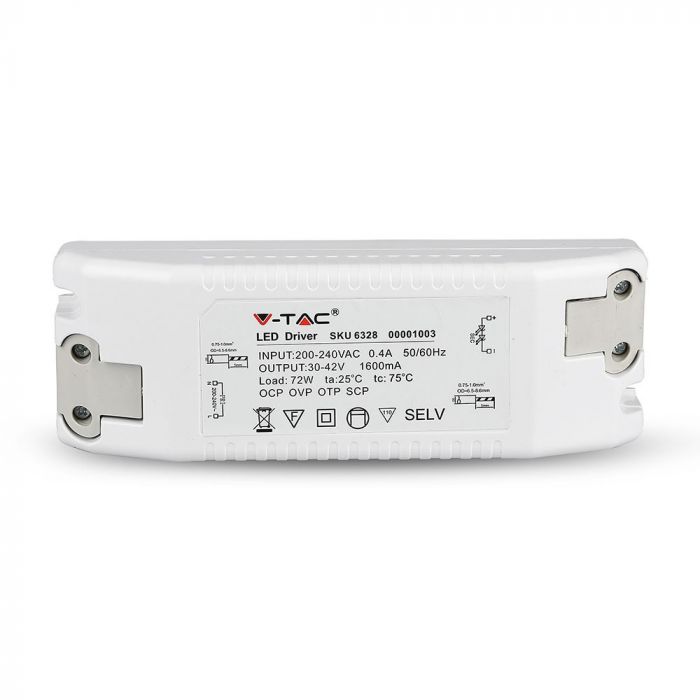 72W  DC:30-42V 0.4A 1600mA V-TAC barošanas bloks LED paneļiem, IP20, balts