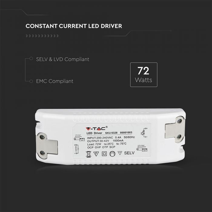 72W  DC:30-42V 0.4A 1600mA V-TAC barošanas bloks LED paneļiem, IP20, balts