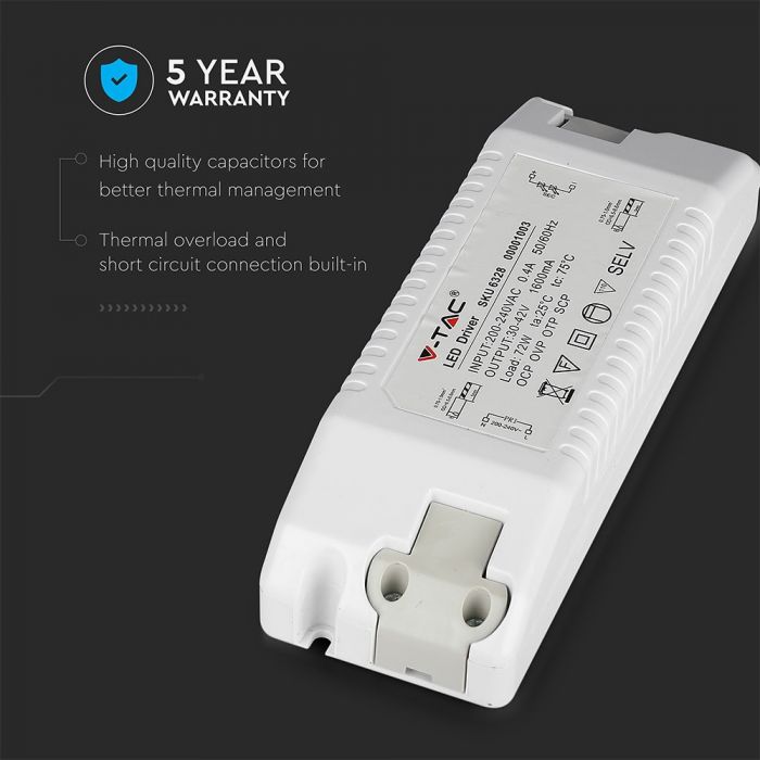 72W DC:30-42V 0.4A 1600mA V-TAC power supply for LED panels, IP20, white