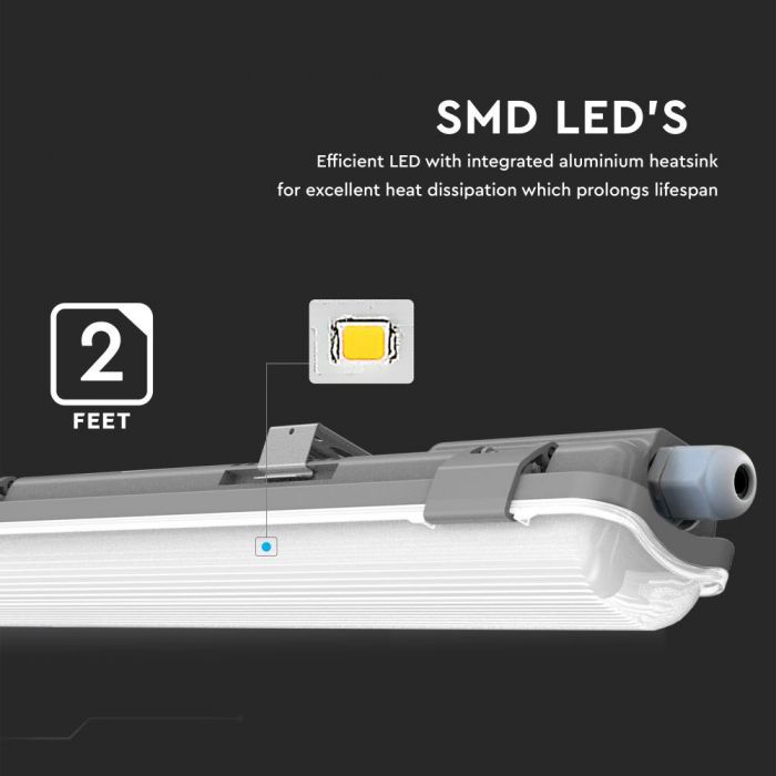 18W (1700Lm) 120cm LED T8 valgusti, IP65 veekindel, V-TAC, jahea valge 6400K