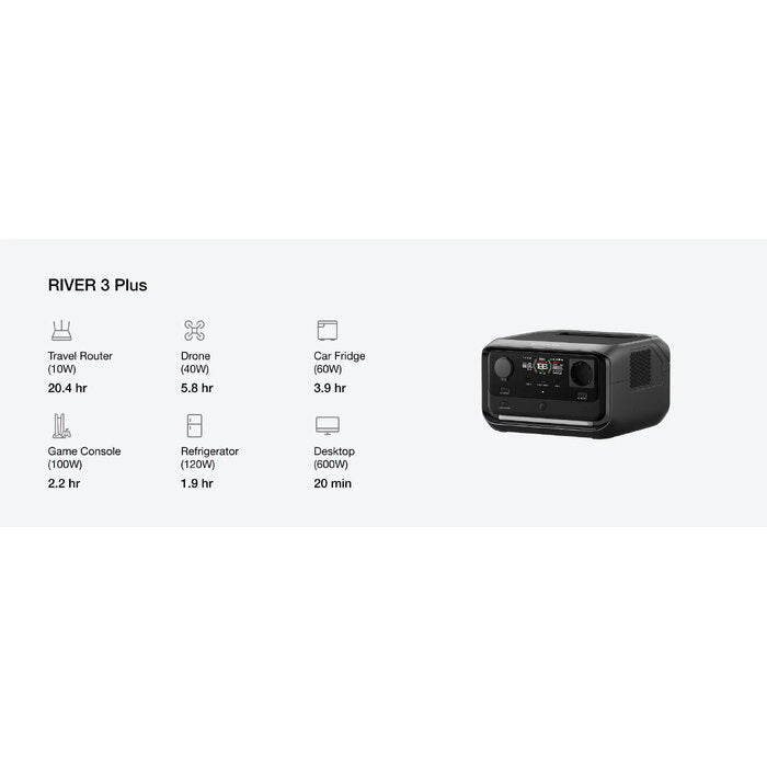 Portatīvā barošanas stacija EcoFlow RIVER 3 PLUS, 286Wh ietilpība un 600 W nominālā jauda.