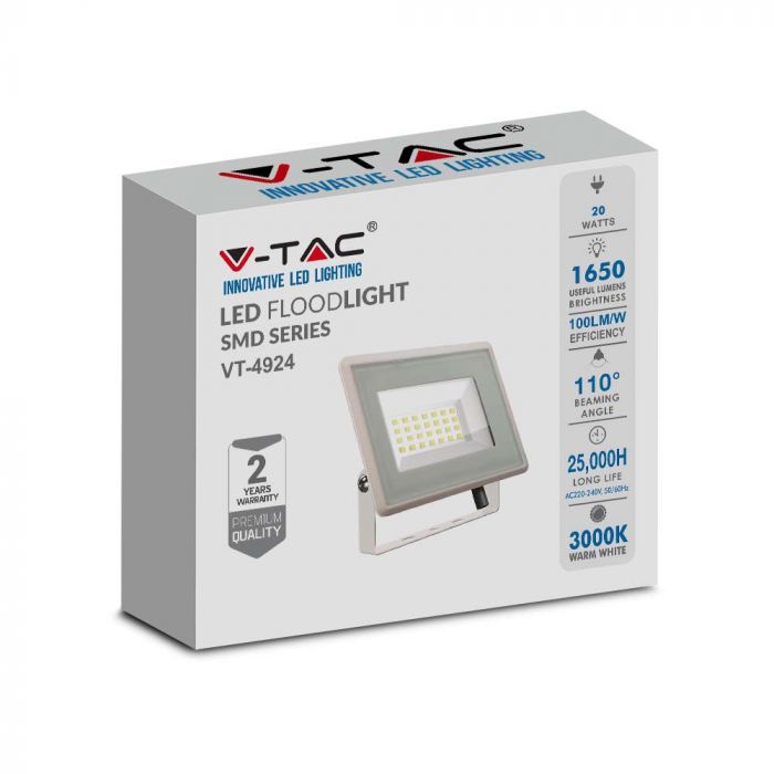 20W(1650Lm) LED prožektors, V-TAC, IP65, balts, auksti balta gaisma 6400K