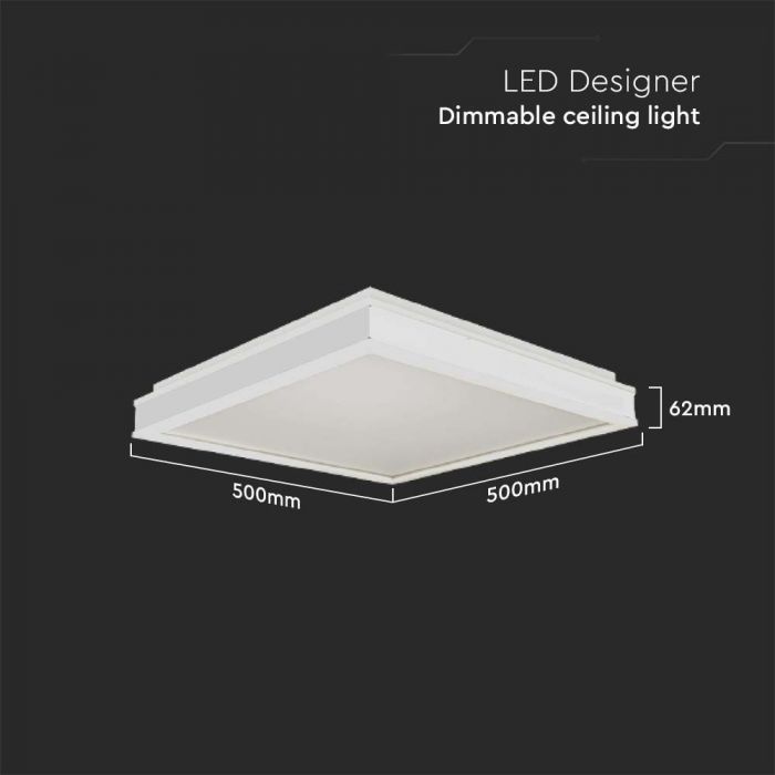48W(4480Lm) LED-kupolarmatur, IP20, V-TAC, kvadratisk, vit, 500x500x62mm, neutralt dimbar 4000K