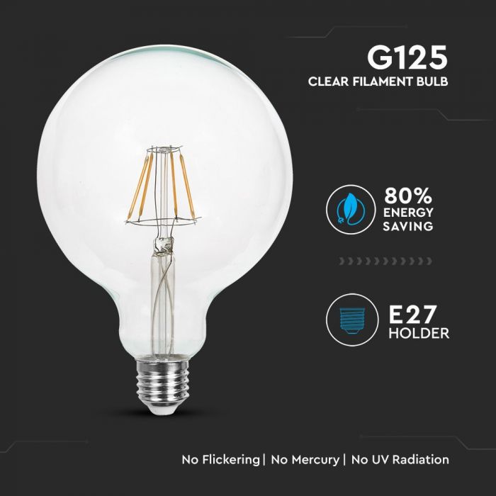 E27 6W(806Lm) LED hõõglamp, klaas, G125, IP20, jaheda valge 6400K
