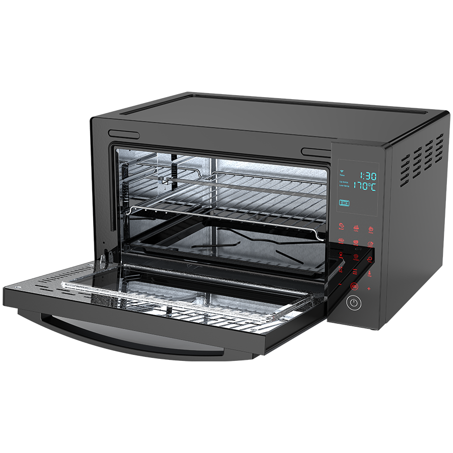 Elektriskā cepeškrāsns ar tilpumu 30L. 1600W jauda. 8 automātiskās gatavošanas programmas. 6 sildīšanas režīmi ar temperatūras regulēšanu no 38°C līdz 230°C.