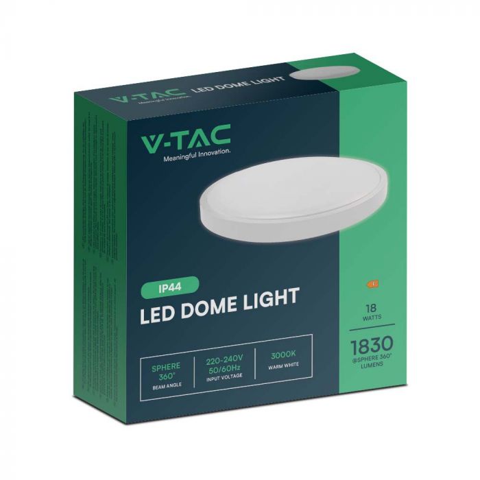 18W(1830Lm) LED dome luminaire, round, white, V-TAC, IP44, warm white light 3000K
