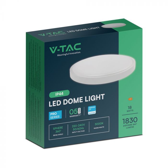 18W(1830Lm) LED-kupolarmatur, V-TAC SAMSUNG, IP44, rund, vit, neutralvit 4000K