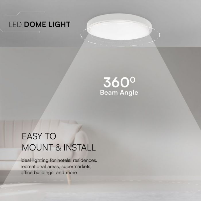 36W(3820Lm) LED kupolveida gaismeklis, V-TAC SAMSUNG, IP44, apaļš, balts, silti balta gaisma 3000K
