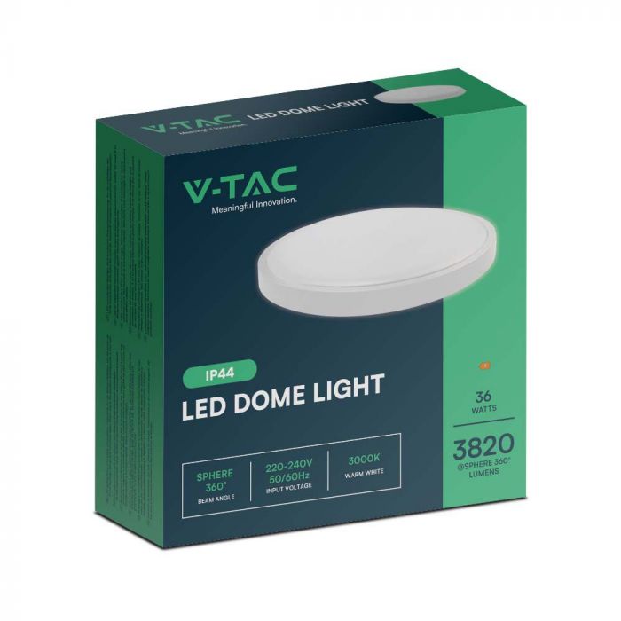 36W(3820Lm) LED kupolveida gaismeklis ar mikroviļņu sensoru, V-TAC, IP44, apaļš, balts, silti balta gaisma 3000K