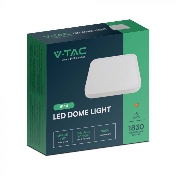 18W(1830Lm) LED dome luminaire, V-TAC, IP44, square, white, neutral white 4000K